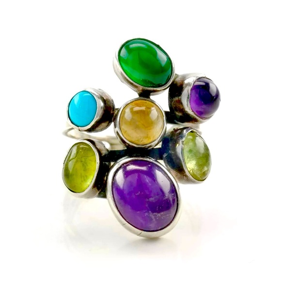Signed - Gilo & Grace Nakai, Navajo. Vintage Multi Stone Sterling Cluster Ring - Picture 3 of 14